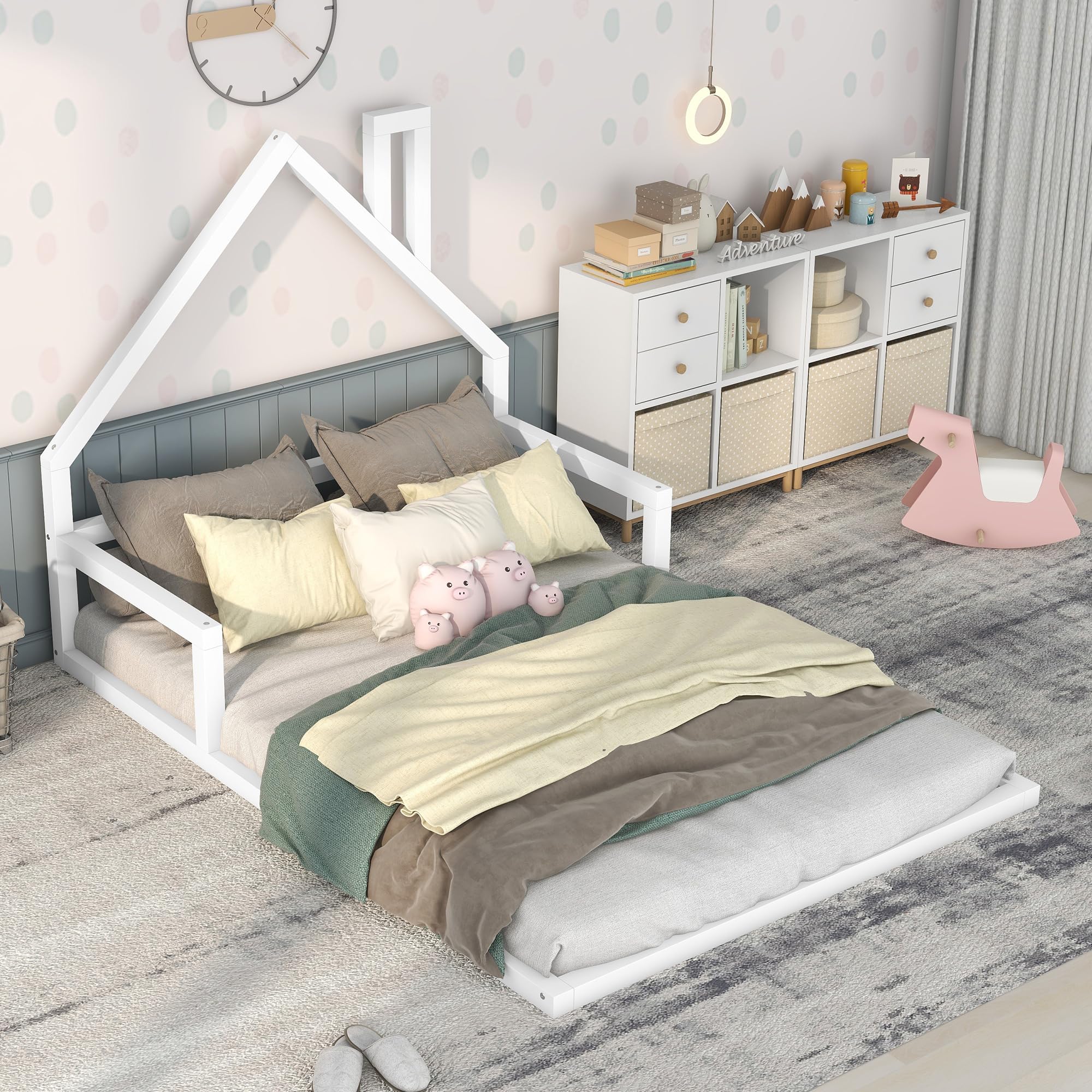 Harper & Bright Designs Full Kids Bed with House-Shaped Headboard, Full Floor Bed with Solid Wood Slats,Full Size Platform Bed Frame for Girls Boys,No Box Spring Needed,White