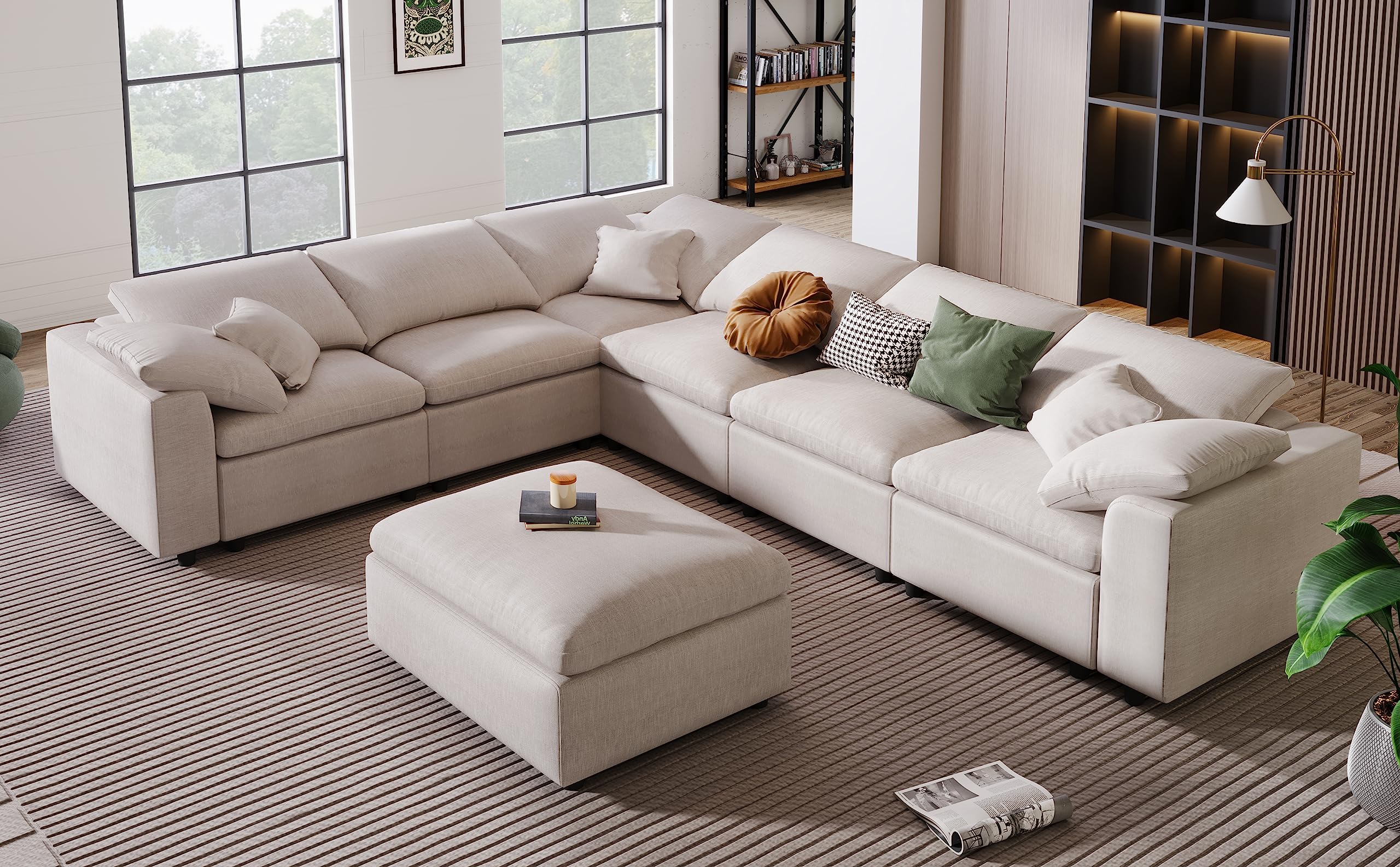 JUSTONE 130.3'' Oversized Modular Sectional Sofa with Ottoman L Shaped Corner Sectional for Living Room, Office, Spacious Space,Beige