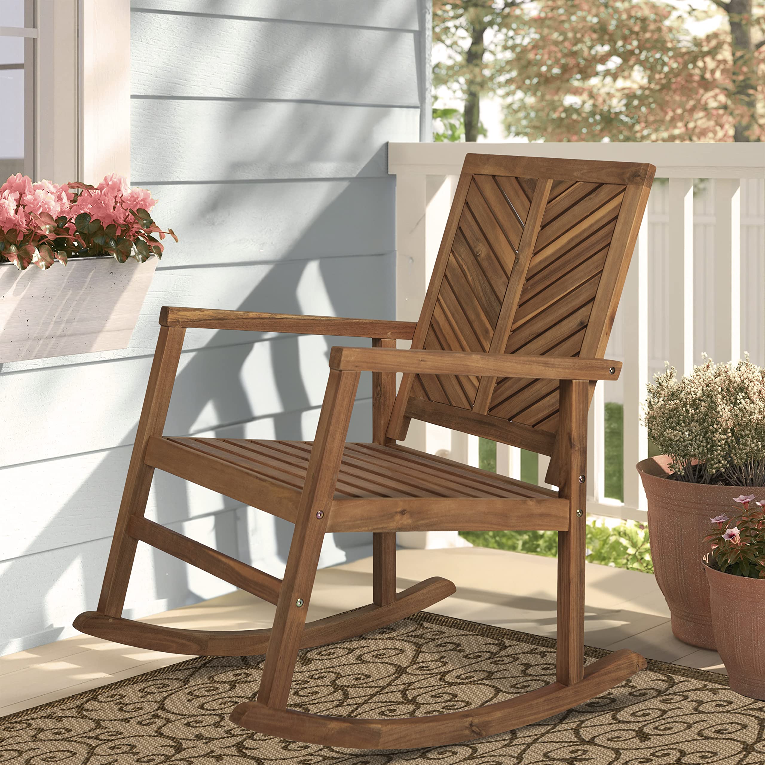 JONATHAN Y RCK100A Ned Modern Chevron-Back 300-Lbs Support Acacia Wood Patio Outdoor Rocking Chair for Garden, Lawn, Backyard, Pool, Deck, Beach, Firepit, Teak