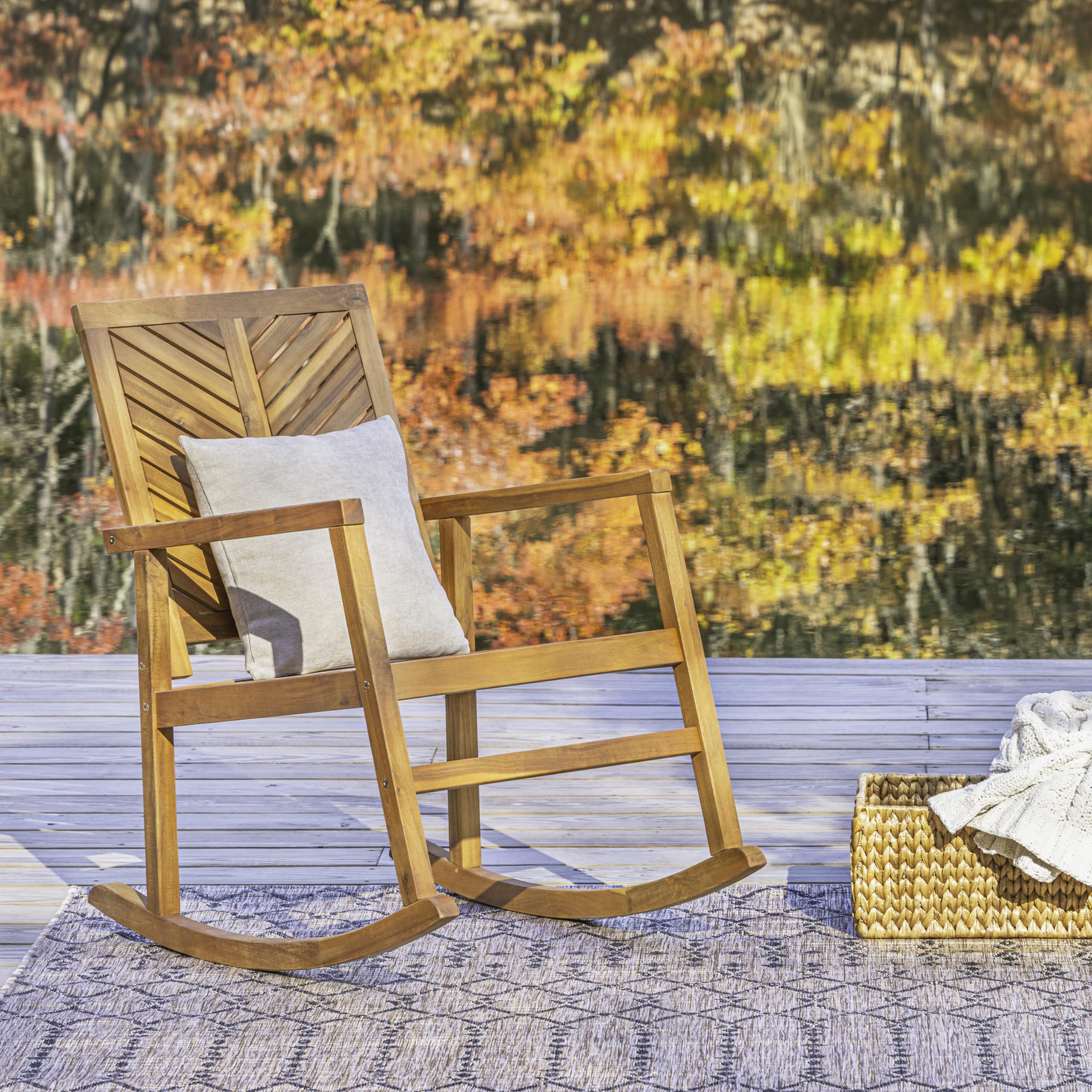 JONATHAN Y RCK100A Ned Modern Chevron-Back 300-Lbs Support Acacia Wood Patio Outdoor Rocking Chair for Garden, Lawn, Backyard, Pool, Deck, Beach, Firepit, Teak