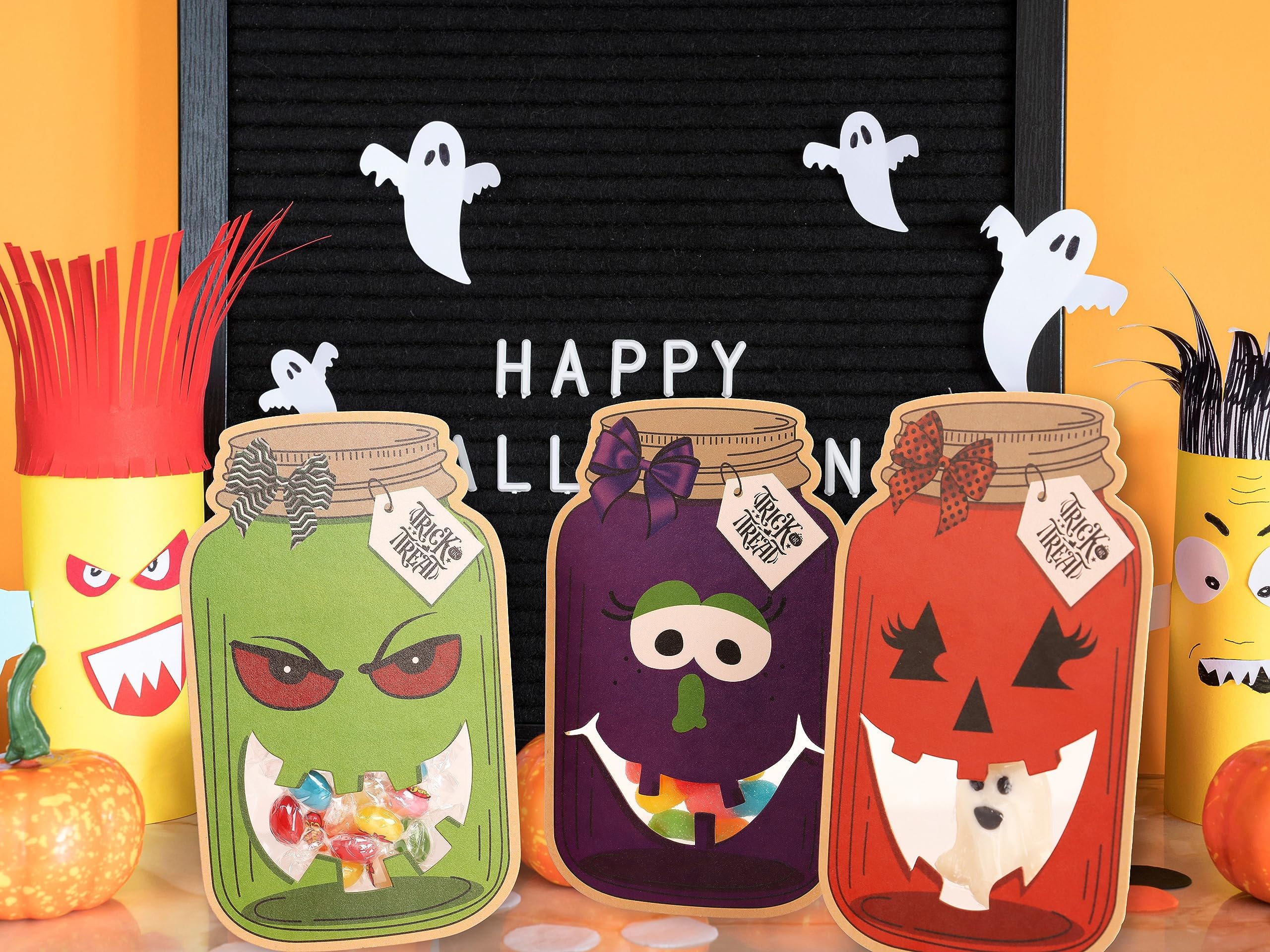 Halloween DIY Crafts Art Cards for Kids-50 Pack Halloween Party Treat Bags Cards Kits for Classroom School, Mason Jar Shape Halloween Treats for Trick or Treaters,Trunk or Treat Party Favors Supplies