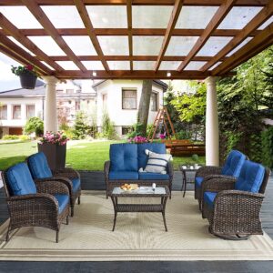 Belord Outdoor Wicker Loveseat with Coffee Table, Patio Loveseat Sofa 2 Piece Outdoor Wicker Furniture Set for Patio Porch Deck Balcony Brown/Blue