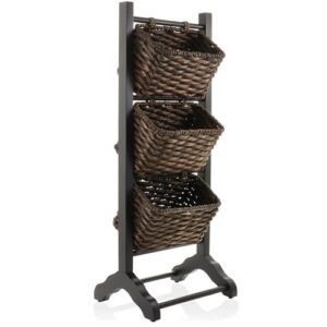 casafield 3-tier floor stand with water hyacinth storage baskets, black/espresso - standing organizer rack for bathroom, kitchen, laundry, living room