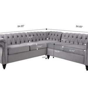 RARZOE Chesterfield L Shaped Sectional Sofa, Deep Button Tufted Velvet Sofa, Upholstered Rolled Arm Classic Chesterfield Settee Sofa, Modern 5 Seater Couch Furniture for Living Room, Grey