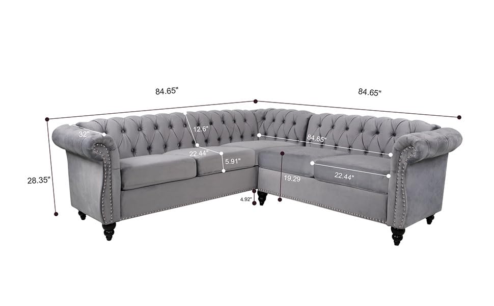 RARZOE Chesterfield L Shaped Sectional Sofa, Deep Button Tufted Velvet Sofa, Upholstered Rolled Arm Classic Chesterfield Settee Sofa, Modern 5 Seater Couch Furniture for Living Room, Grey