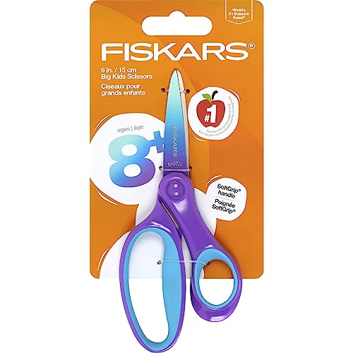 Fiskars Softgrip 6" Big Kids Scissors for Ages 8-11, Scissors for School or Crafting, Turquoise-Purple Ombre