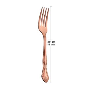 Matte Rose Gold Dinner Forks, FULLYWARE Stainless Steel Satin Finish Forks Silverware Table Fork Set of 6, Rose Pattern Design, Dishwasher Safe