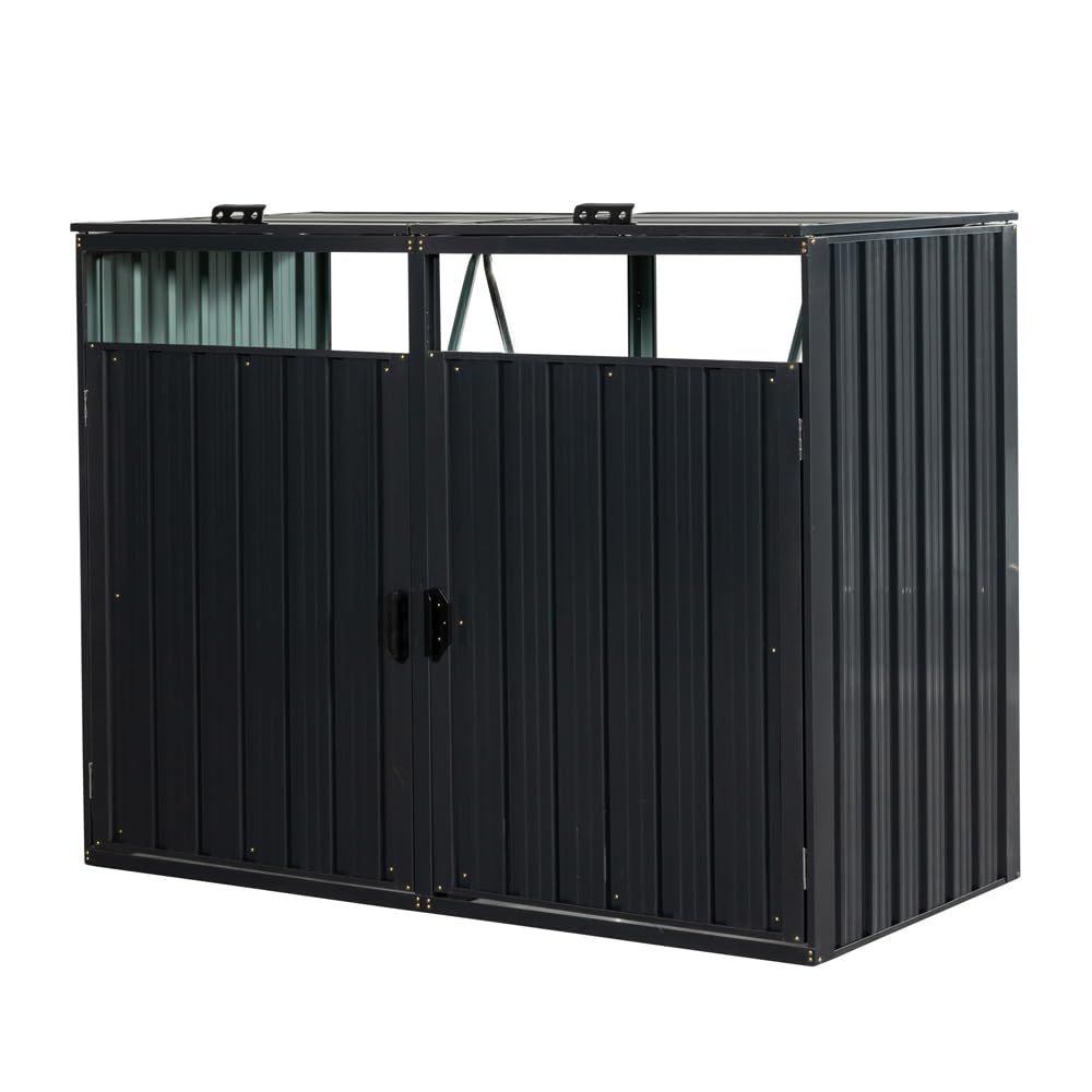 Garbage Bin Shed Stores 2 Trash Cans Metal Outdoor Bin Shed for Garbage Storage,Stainless Galvanized Steel, Bin Shed for Garden Yard Lawn