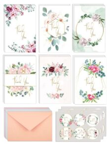 wholistic joy thank you cards 48 ct set | 6 floral designs stationary | gold foil | matching envelopes & stickers designs | special occastion | wedding, birthday, graduation, baby shower