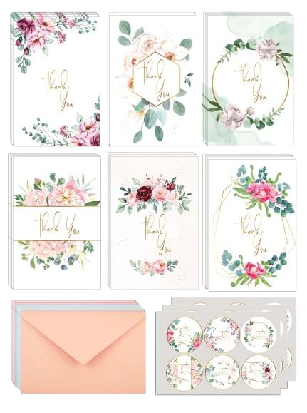 WHOLISTIC JOY Thank You Cards 48 ct Set | 6 Floral Designs Stationary | Gold Foil | Matching Envelopes & Stickers Designs | Special Occastion | Wedding, Birthday, Graduation, Baby Shower