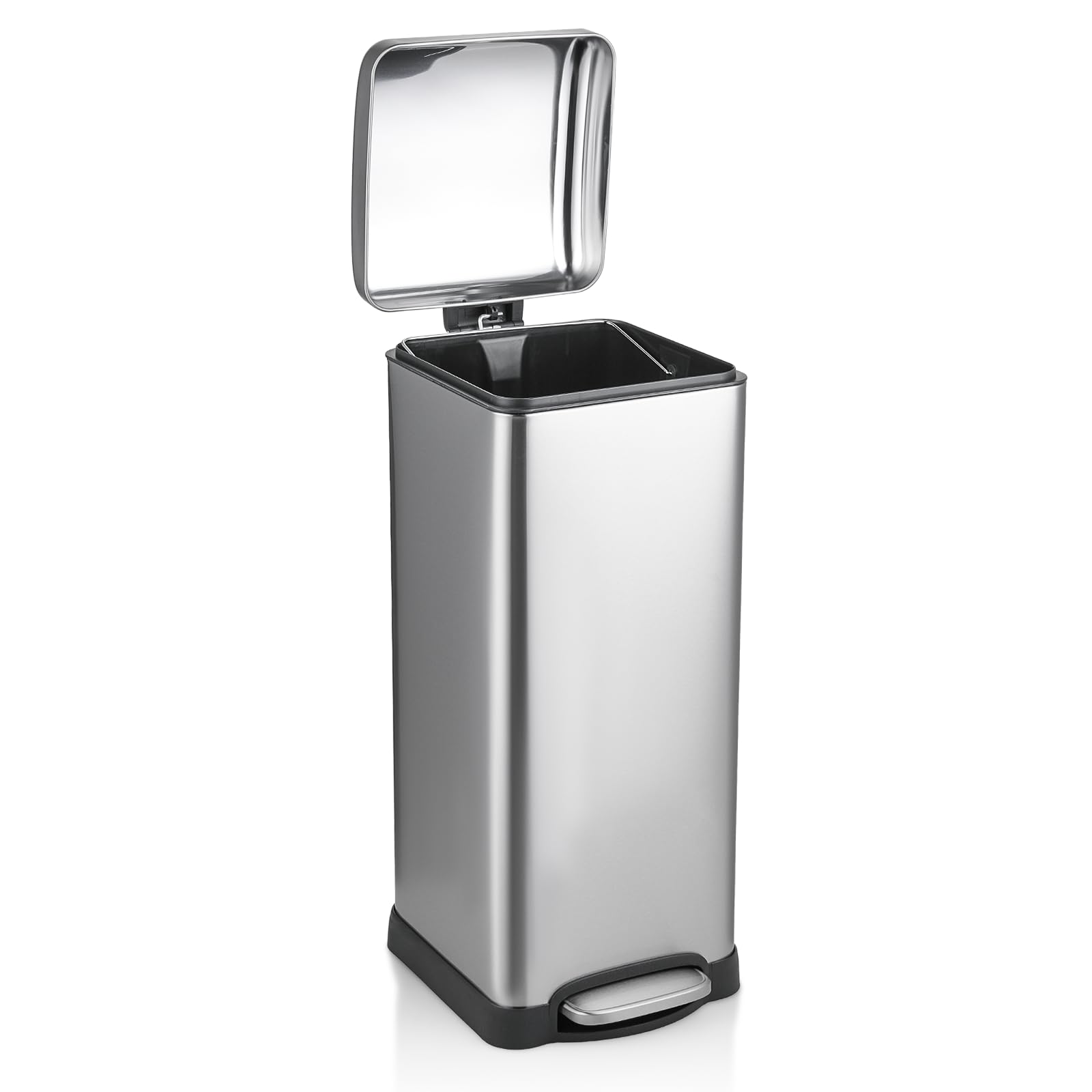 Magshion 8 Gallon Trash Can with Lid and Inner Bucket, Step Garbage Bin Container with Handle, Trash Wastebasket for Kitchen, Bathroom, Bedroom and Outdoor, Silver, Stainless Steel