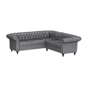 RARZOE Chesterfield L Shaped Sectional Sofa, Deep Button Tufted Velvet Sofa, Upholstered Rolled Arm Classic Chesterfield Settee Sofa, Modern 5 Seater Couch Furniture for Living Room, Grey