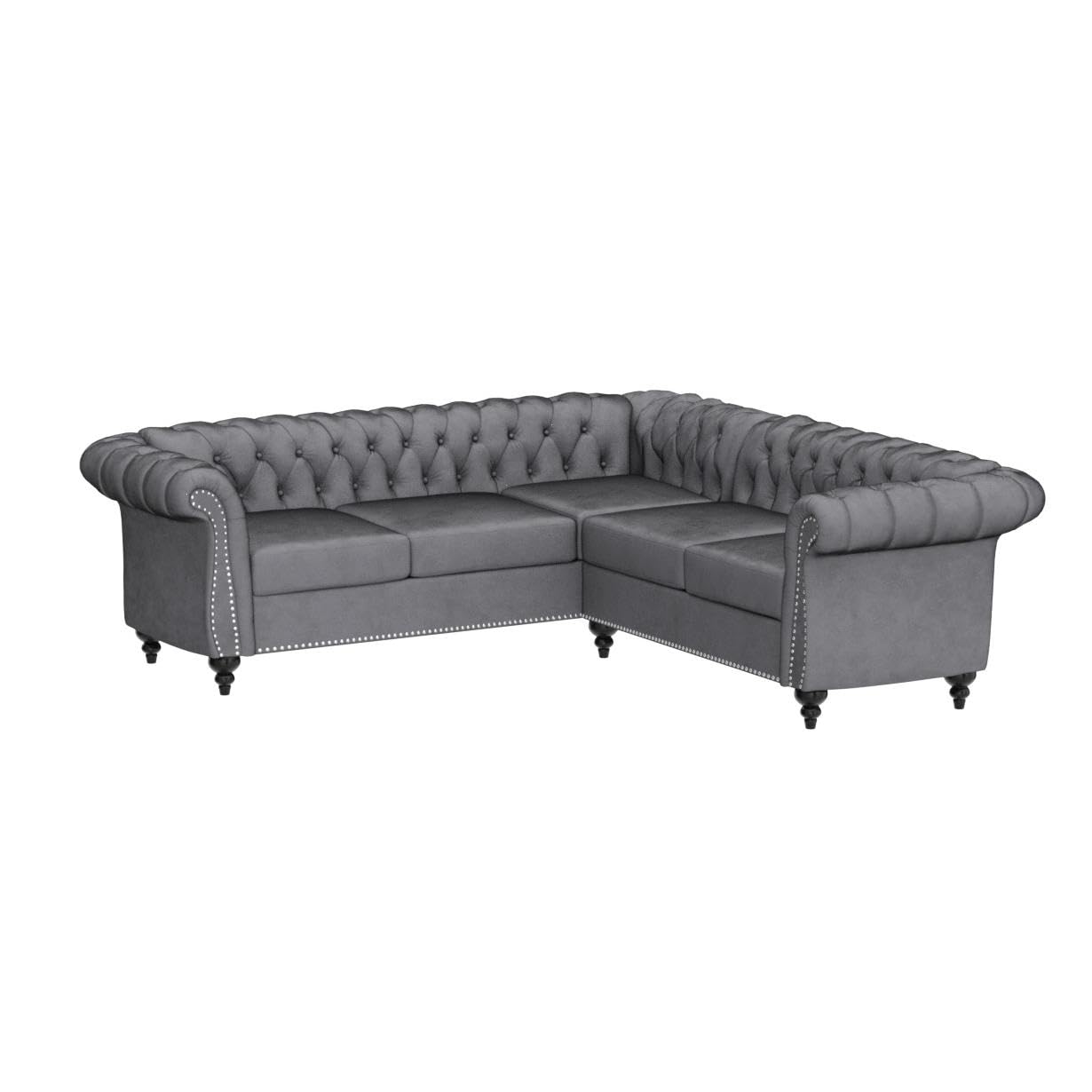 RARZOE Chesterfield L Shaped Sectional Sofa, Deep Button Tufted Velvet Sofa, Upholstered Rolled Arm Classic Chesterfield Settee Sofa, Modern 5 Seater Couch Furniture for Living Room, Grey