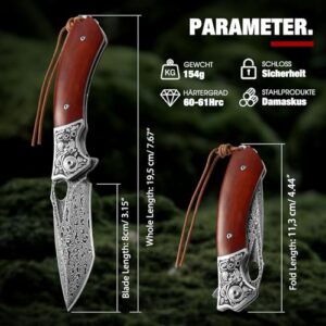 DRACHENADER Knife Damascus Pocket Knife Damascus Steel with Beautiful Leather Sheath, Outdoor Folding Knife Vg10 Core Wooden Handle Gift for Knife Lovers and Outdoor Enthusiasts