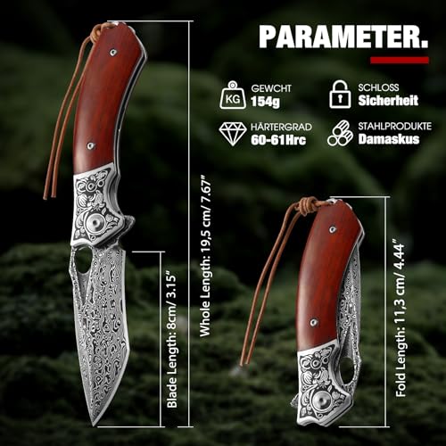 DRACHENADER Knife Damascus Pocket Knife Damascus Steel with Beautiful Leather Sheath, Outdoor Folding Knife Vg10 Core Wooden Handle Gift for Knife Lovers and Outdoor Enthusiasts