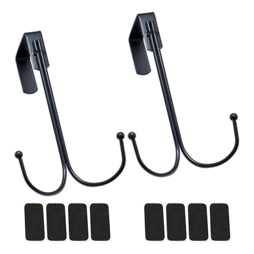 SayHi2U Double Towel Hook, Over Door Metal Hanging Holder for Bathroom, Fit 1-½" to 1-¾" Internal Door, EVA Anti-Slip Adjustment Pad (Black, 2 Pack)