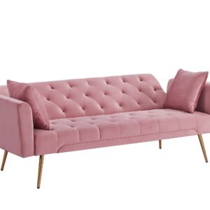 Pink Velvet Sofa Bed with 3 Adjustable Backrests, Chrome Legs - Convertible, Folding Sleeper Couch for Living Room, Office