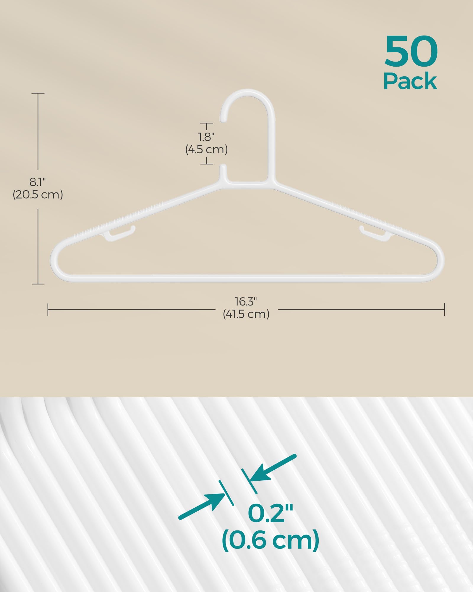 SONGMICS Plastic Hangers 50 Pack, Space-Saving Clothes Hangers, Lightweight Hangers, for Pants, Coats, Dresses, White UCRP009W50