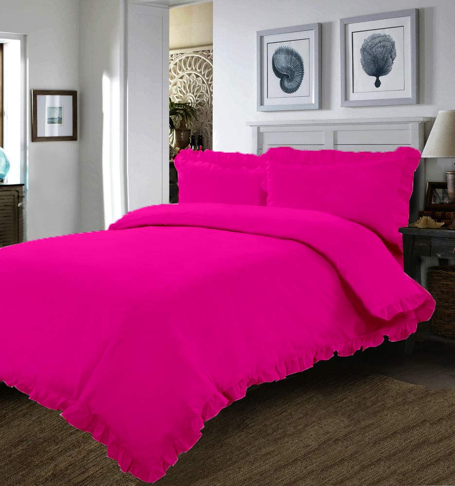 Duvet Cover Set - 1 Frilled Duvet Cover With Ruffle Edge Corners And 4 Pillowcases - Hot Pink, Full/Queen - 100% Cotton 800 Thread Count - 5 PCs Comforter/Duvet Protective Cover Set - Duvet Set