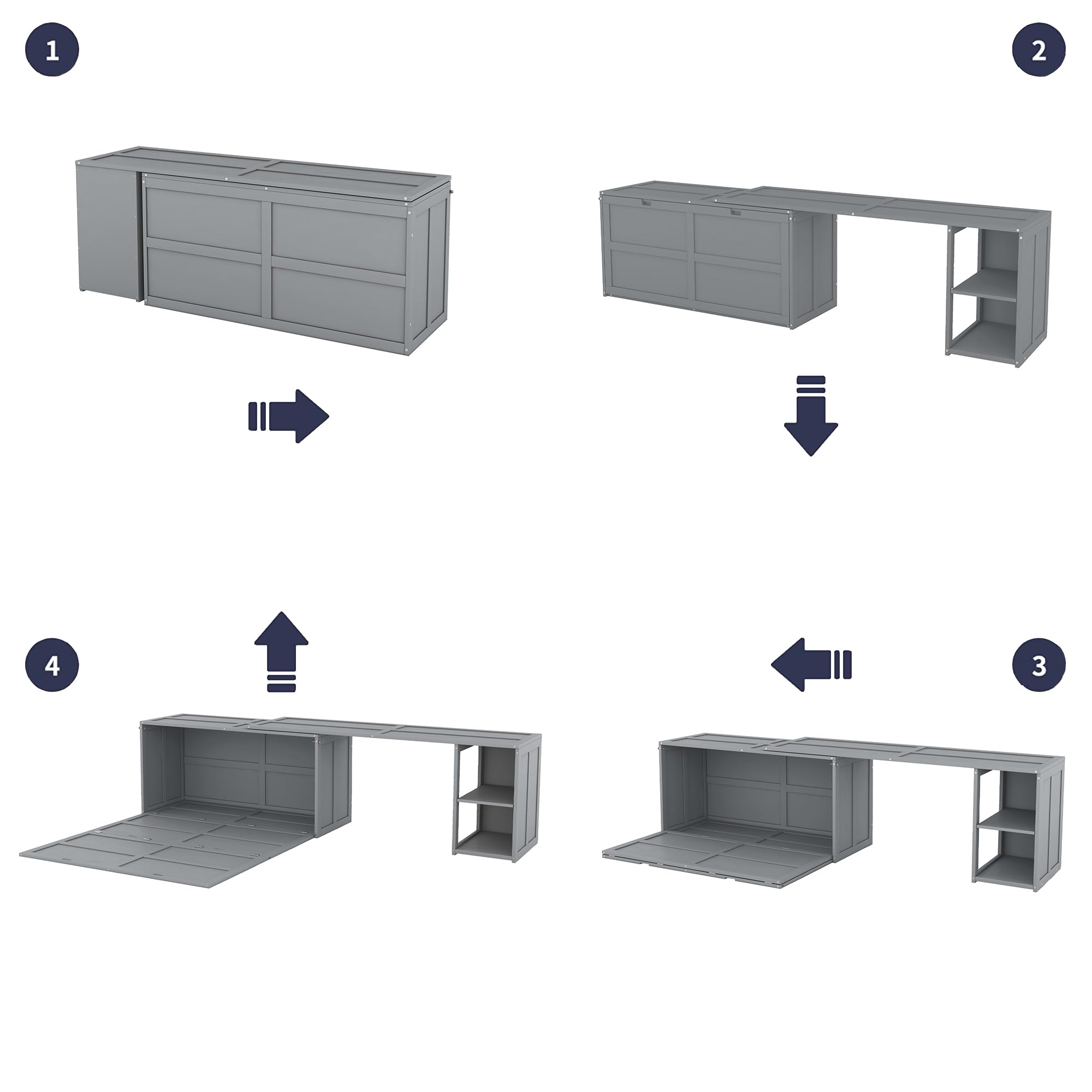 Murphy Cube Queen Cabinet Bed with Rotable Desk and Storage Shelves, Wood Foldable Floor Queen Size Bed Frame for Home Office Studio, Gray