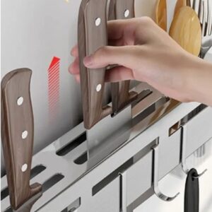 UPQRSG 15.7 inch Kitchen Knife Holder for Wall, Stainless Steel Knife Rack, No Punch Wall Mounted Multifunction Kitchen Utensil Hanger, Tableware Storage Rack Knife Rest for Home