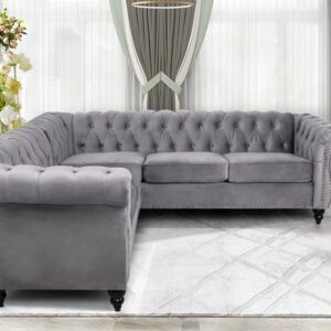 RARZOE Chesterfield L Shaped Sectional Sofa, Deep Button Tufted Velvet Sofa, Upholstered Rolled Arm Classic Chesterfield Settee Sofa, Modern 5 Seater Couch Furniture for Living Room, Grey