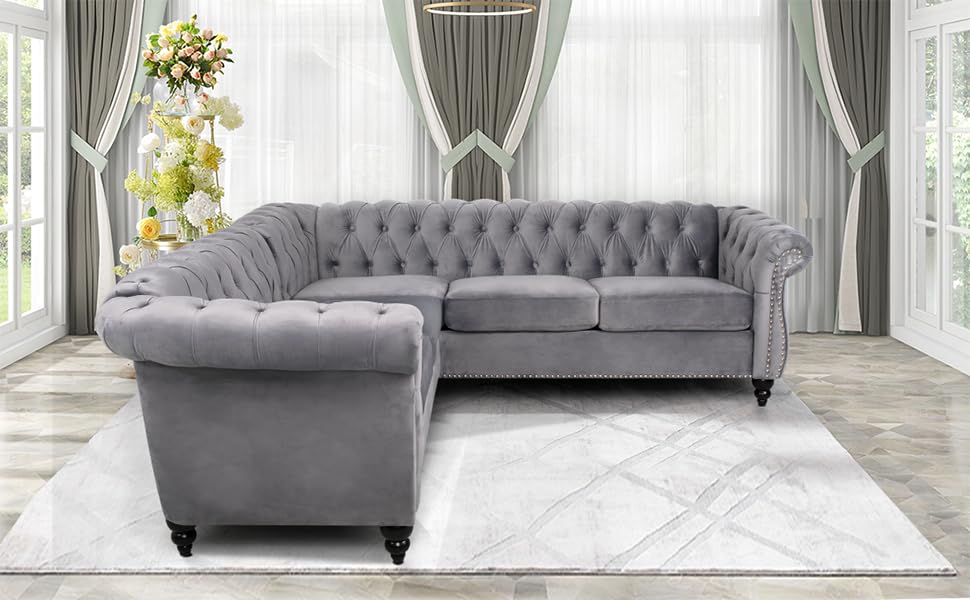 RARZOE Chesterfield L Shaped Sectional Sofa, Deep Button Tufted Velvet Sofa, Upholstered Rolled Arm Classic Chesterfield Settee Sofa, Modern 5 Seater Couch Furniture for Living Room, Grey