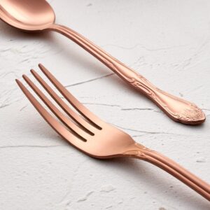 Matte Rose Gold Dinner Forks, FULLYWARE Stainless Steel Satin Finish Forks Silverware Table Fork Set of 6, Rose Pattern Design, Dishwasher Safe