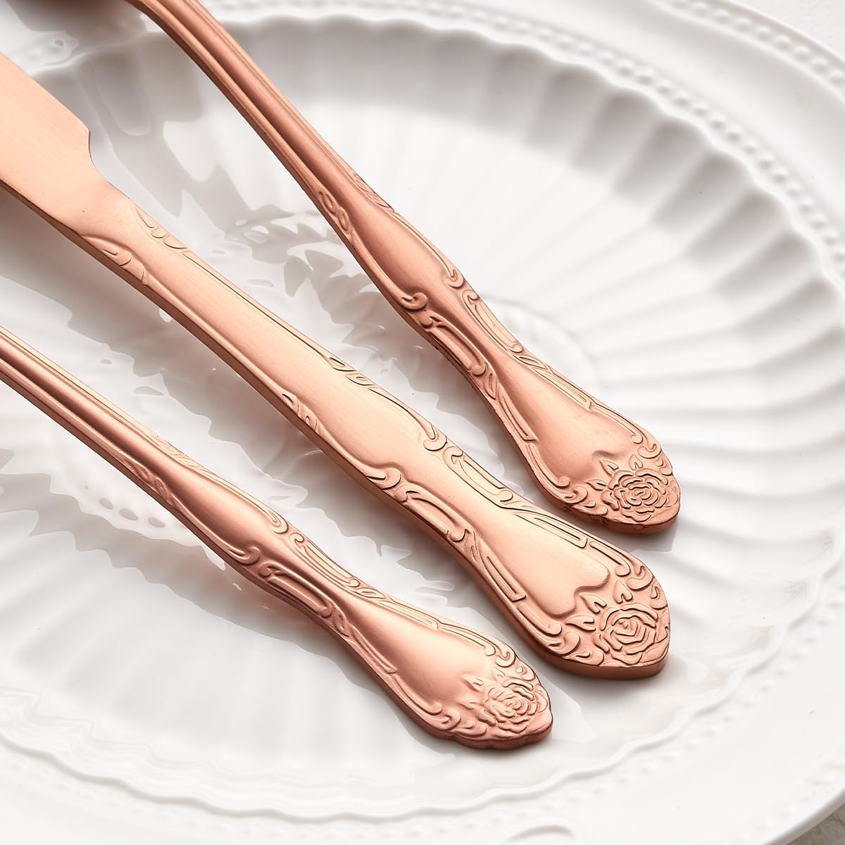 Matte Rose Gold Dinner Forks, FULLYWARE Stainless Steel Satin Finish Forks Silverware Table Fork Set of 6, Rose Pattern Design, Dishwasher Safe