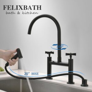 FELIXBATH Kitchen Bridge Faucet with Side Sprayer, 8 inch Brass Kitchen Faucet 2 Handles 3 Holes Deck Mount Kitchen Sink Faucet, Matte Black(CP025B)