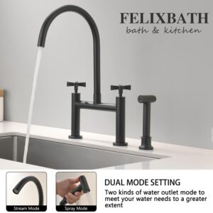 FELIXBATH Kitchen Bridge Faucet with Side Sprayer, 8 inch Brass Kitchen Faucet 2 Handles 3 Holes Deck Mount Kitchen Sink Faucet, Matte Black(CP025B)