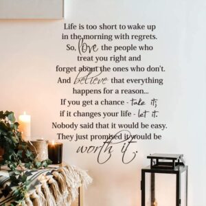 life is too short to wake up in the morning with regrets,inspirational wall decal quotes,living room bedroom saying sticker wall art decor, 23 x 28in