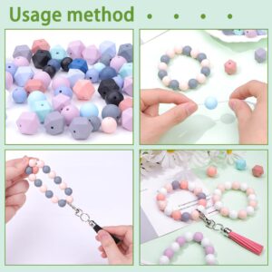 Vellibring 121 PCS Silicone Beads for Keychain Making Kit,12mm 15mm Round 14mm Polygonal Rubber Beads Multicolor Bulk Silicone Loose Beads for DIY Necklace Bracelet Jewelry Making Supplies