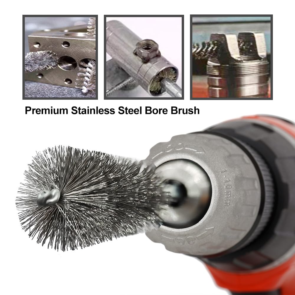 ASNOMY 14Pcs Stainless Steel Bore Brush for Drill,5/16"-1" Metal Bristles Wire Brush Bore Cleaning Brush Set for Power Drill Cleaning, Abrasive Wire Brush with 1/4" Hex Shank