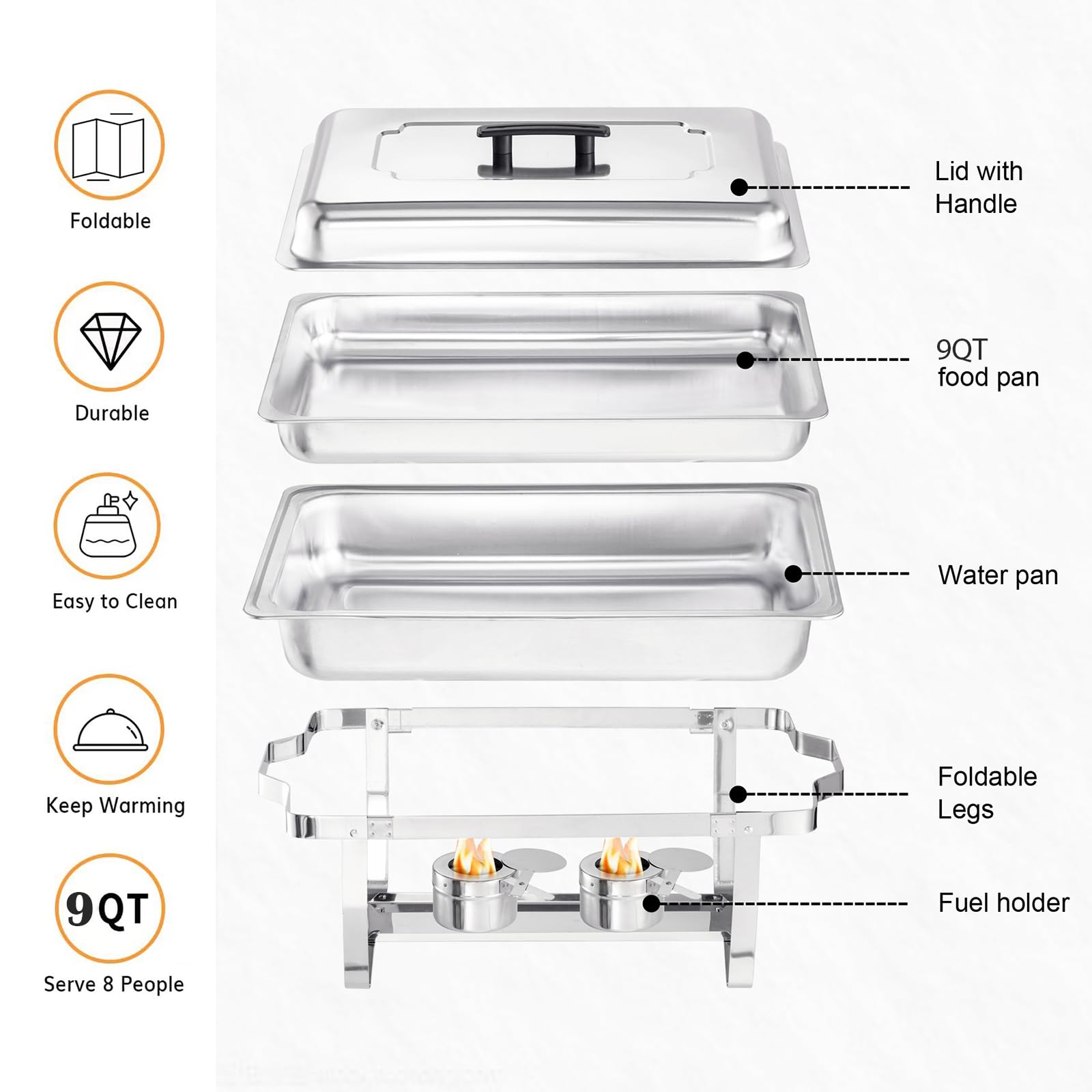 Chafing Dishes for Buffet 4 Pack, 9 Quart Stainless Steel Chafing Dish Buffet Set with Folding Frame, Food Warmers for Parties, Catering Supplies, Banquets, and Weddings