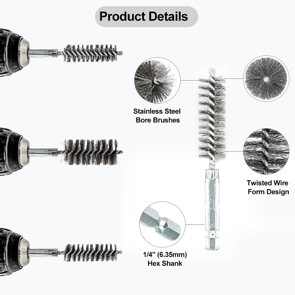 ASNOMY 14Pcs Stainless Steel Bore Brush for Drill,5/16"-1" Metal Bristles Wire Brush Bore Cleaning Brush Set for Power Drill Cleaning, Abrasive Wire Brush with 1/4" Hex Shank