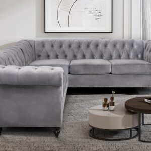 RARZOE Chesterfield L Shaped Sectional Sofa, Deep Button Tufted Velvet Sofa, Upholstered Rolled Arm Classic Chesterfield Settee Sofa, Modern 5 Seater Couch Furniture for Living Room, Grey