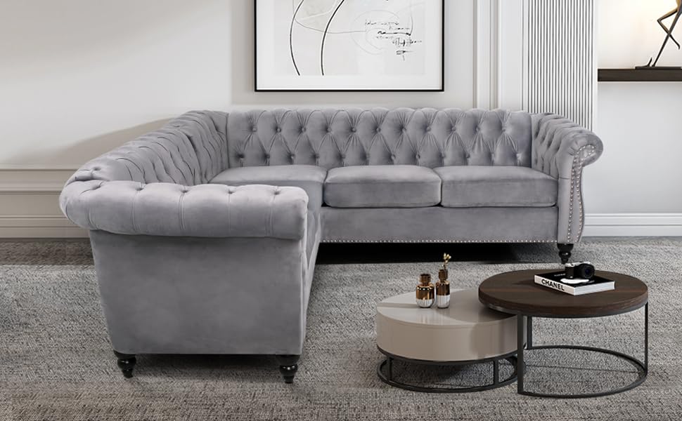 RARZOE Chesterfield L Shaped Sectional Sofa, Deep Button Tufted Velvet Sofa, Upholstered Rolled Arm Classic Chesterfield Settee Sofa, Modern 5 Seater Couch Furniture for Living Room, Grey