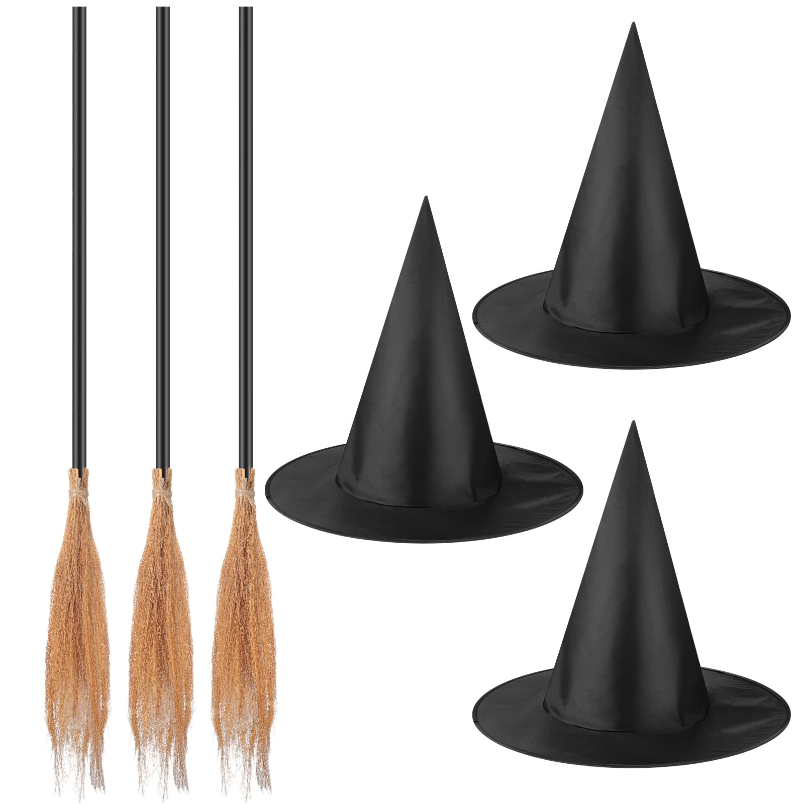 Panitay 6 Pieces Halloween Witch Broom Hat Set, Includes 3 Pcs Realistic Witch Brooms and 3 Pcs Black Witch Hats, Halloween Witch Accessories for Halloween Party Cosplay Props Costume Accessories