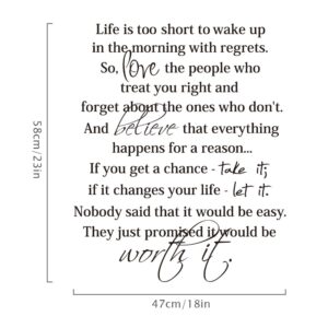 Life is Too Short to Wake Up in The Morning with Regrets,Inspirational Wall Decal Quotes,Living Room Bedroom Saying Sticker Wall Art Decor, 23 X 28In