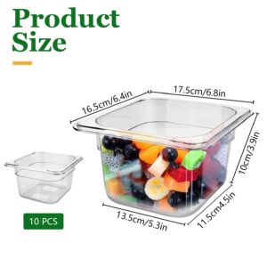 SHUESS 10 Pack Clear Plastic Food Pans, 1/6 Size 4'' Deep Stackable PET Pan with Capacity Indicator, Square Commercial Food Storage Containers for Fruits Vegetables Corns Beans