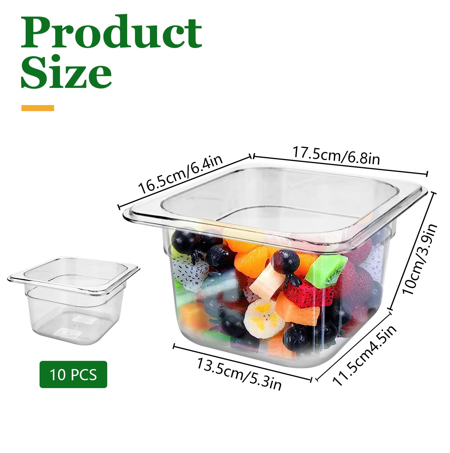 SHUESS 10 Pack Clear Plastic Food Pans, 1/6 Size 4'' Deep Stackable PET Pan with Capacity Indicator, Square Commercial Food Storage Containers for Fruits Vegetables Corns Beans