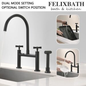 FELIXBATH Kitchen Bridge Faucet with Side Sprayer, 8 inch Brass Kitchen Faucet 2 Handles 3 Holes Deck Mount Kitchen Sink Faucet, Matte Black(CP025B)