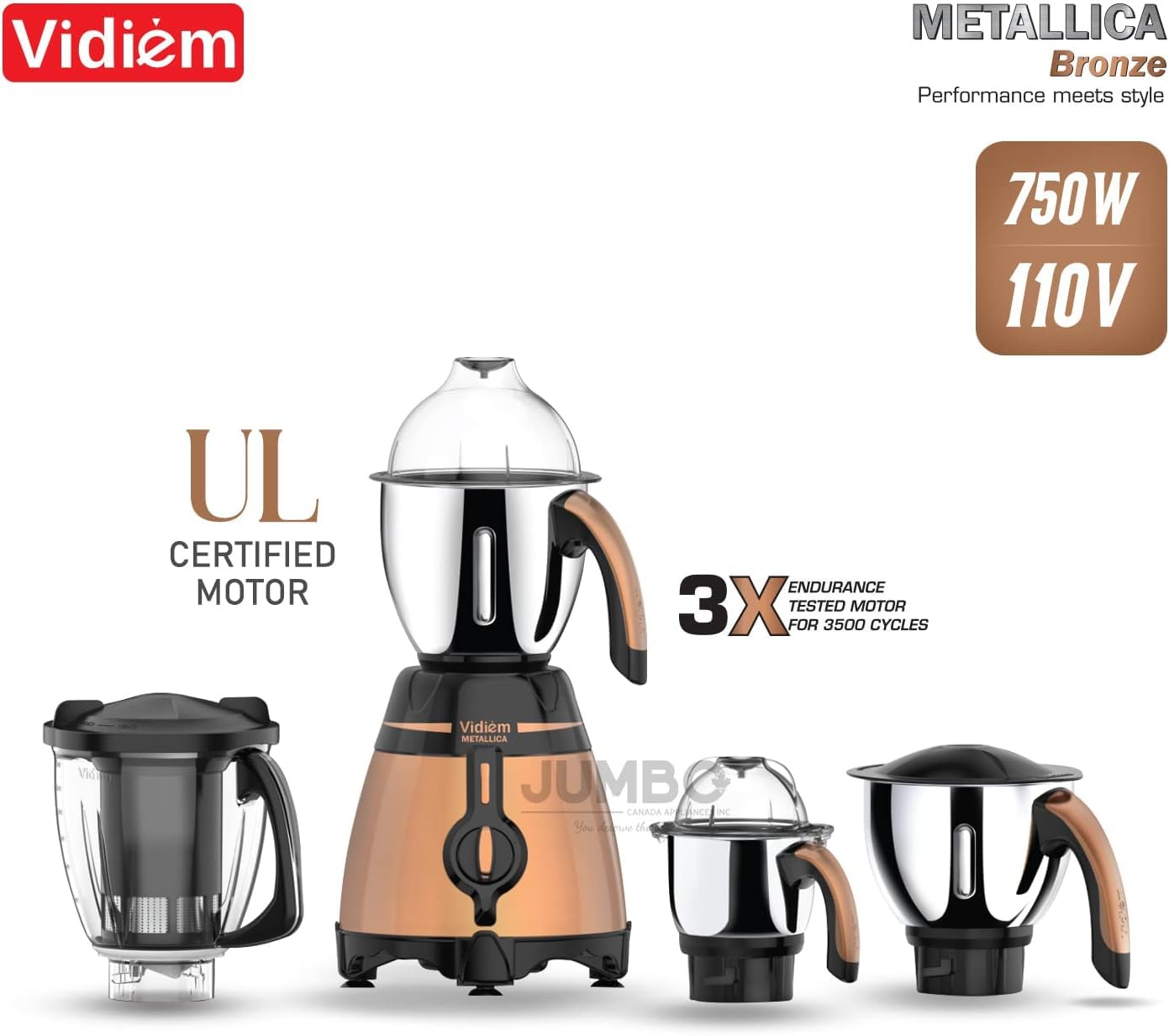 Vidiem BRONZE Stainless Steel Jars with Juice Extractor 750 Watts,110 volts with Free Service Kit included