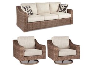 signature design by ashley beachcroft outdoor wicker patio sofa and 2 swivel chairs set with cushions and 2 pillows, beige