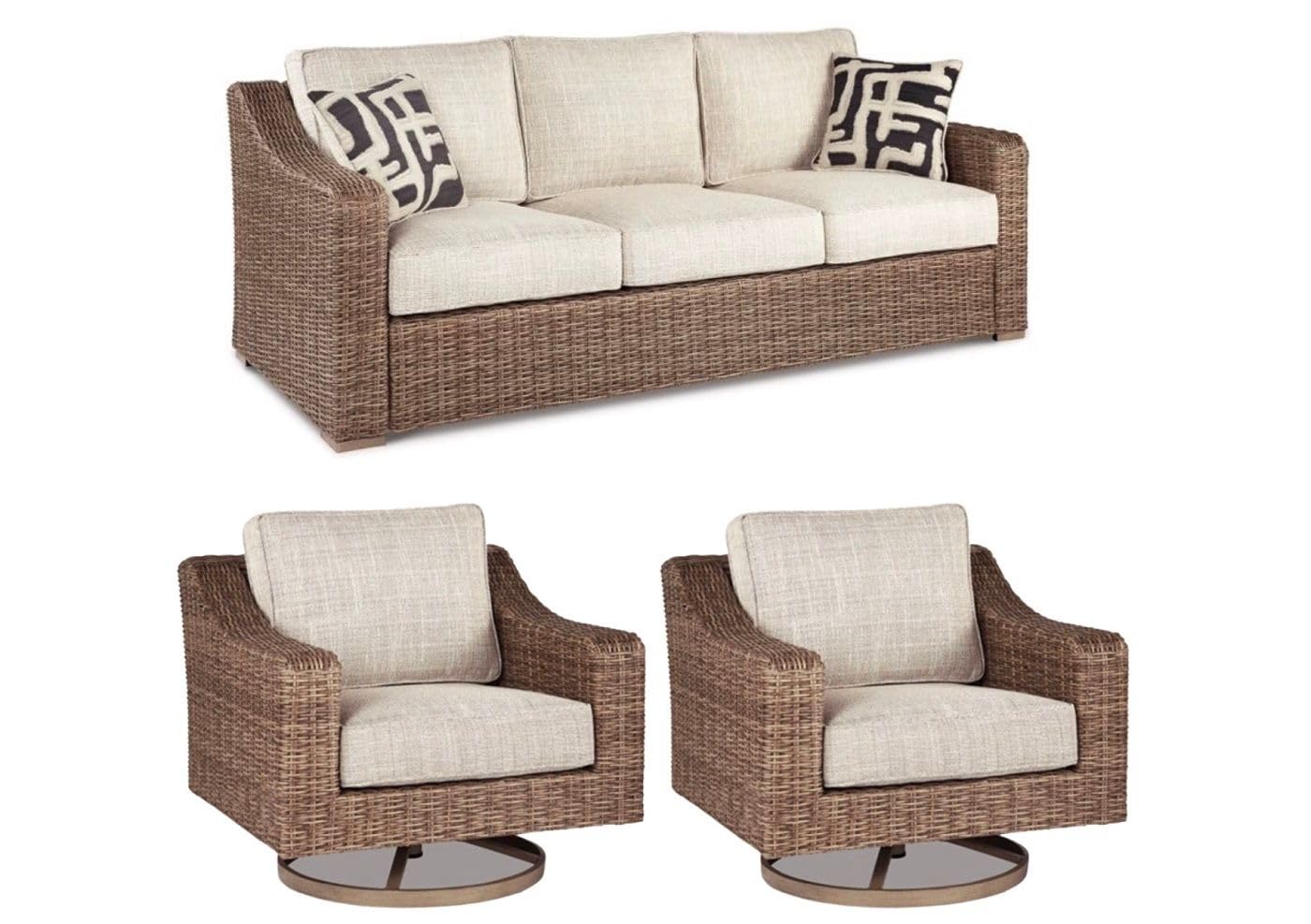 Signature Design by Ashley Beachcroft Outdoor Wicker Patio Sofa and 2 Swivel Chairs Set with Cushions and 2 Pillows, Beige