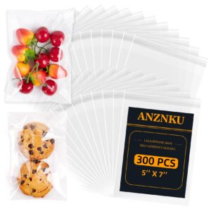 anznku 300 pack clear cellophane bags, 5x7 inches 2.8 mils cookie bags self adhesive for packaging, self sealing adhesive bags, resealable clear plastic bags for packaging gifts, cookies, candy