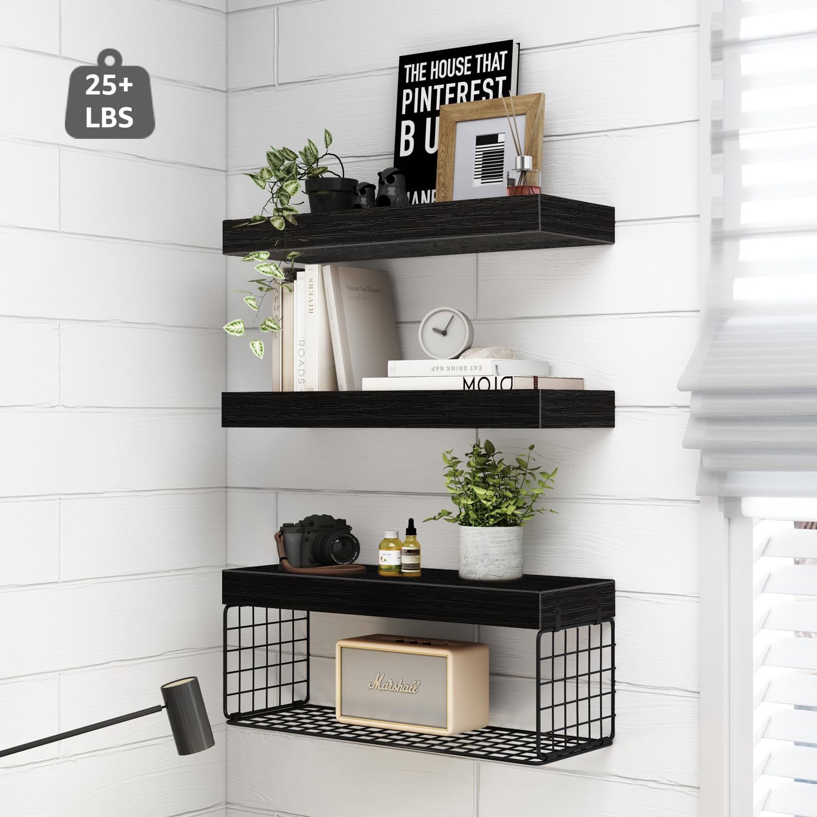 QEEIG Black Bathroom Shelves Over Toilet Wall Mounted Floating Shelves Farmhouse Shelf Toilet Paper Storage Small 16 inch Set of 3 (019-B3)