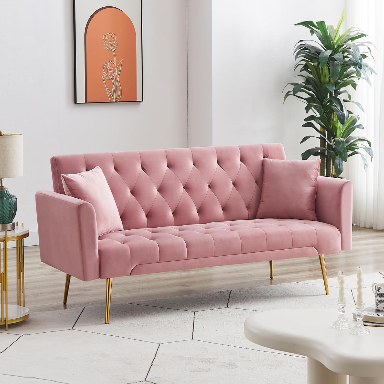 Pink Velvet Sofa Bed with 3 Adjustable Backrests, Chrome Legs - Convertible, Folding Sleeper Couch for Living Room, Office