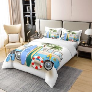 100% Natural Cotton Ocean Beach Duvet Cover Twin, Cartoon Surfboard Bus Bedding Set, Palm Trees Comforter Cover For Kids Boys Girls Teens, Tropical Coastal Summer Holiday Bedspread Cover Room Decor